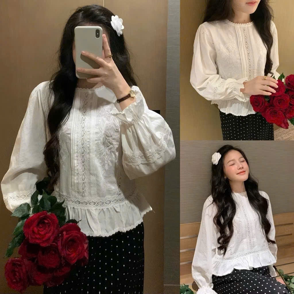 Áo sơ mi dài tay chất thô họa tiết phối ren thêu hoa nổi Maian áo cổ tròn tay bo phồng cổ đính cúc ngọc nhẹ nhàng A5636