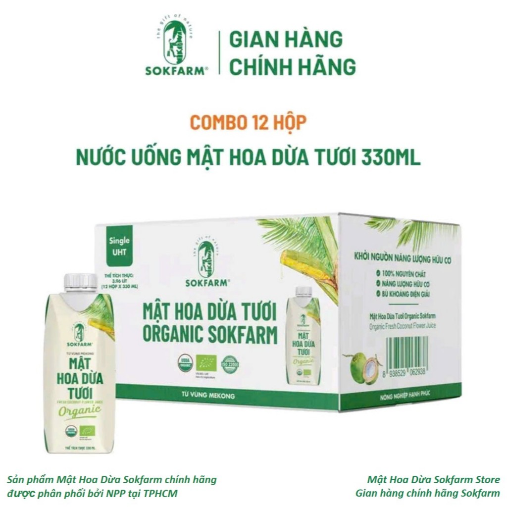Mật hoa dừa tươi organic sokfarm 330ml hộp giấy UHT fresh coconut flower juice organic sokfarm