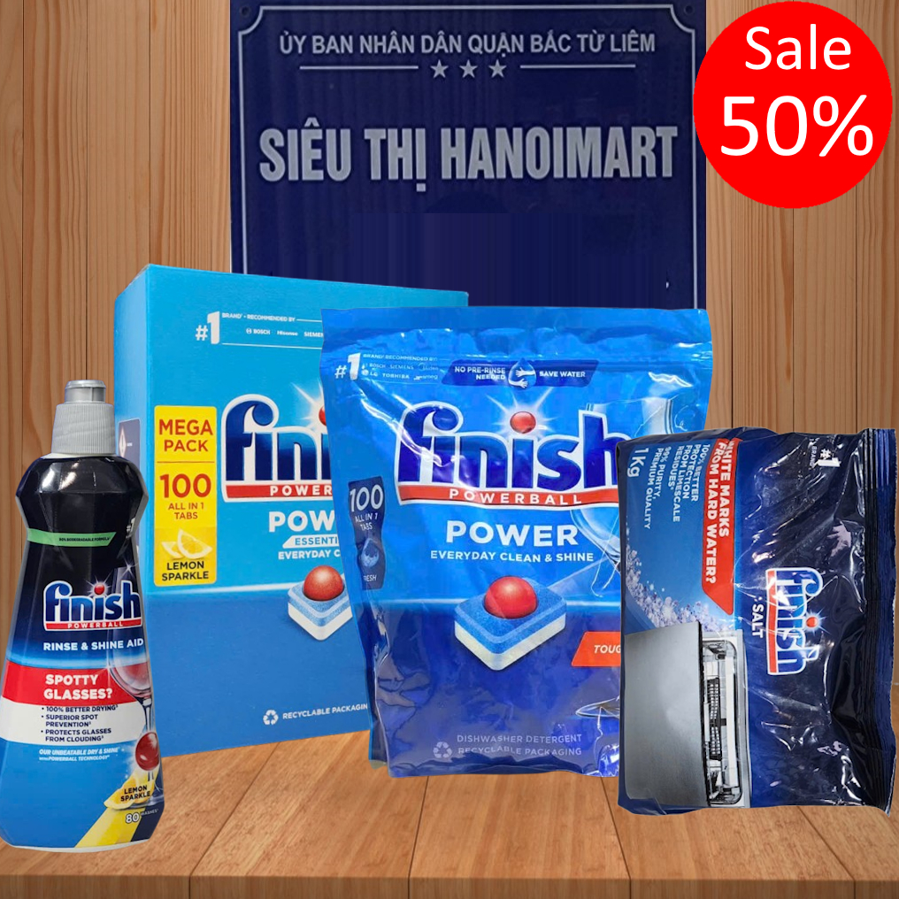 Combo Viên rửa bát Finish 100V + muối rửa bát finish 1kg + Nước làm bóng Finish 800ml, EU Ban Lan Đức Nhật Bản