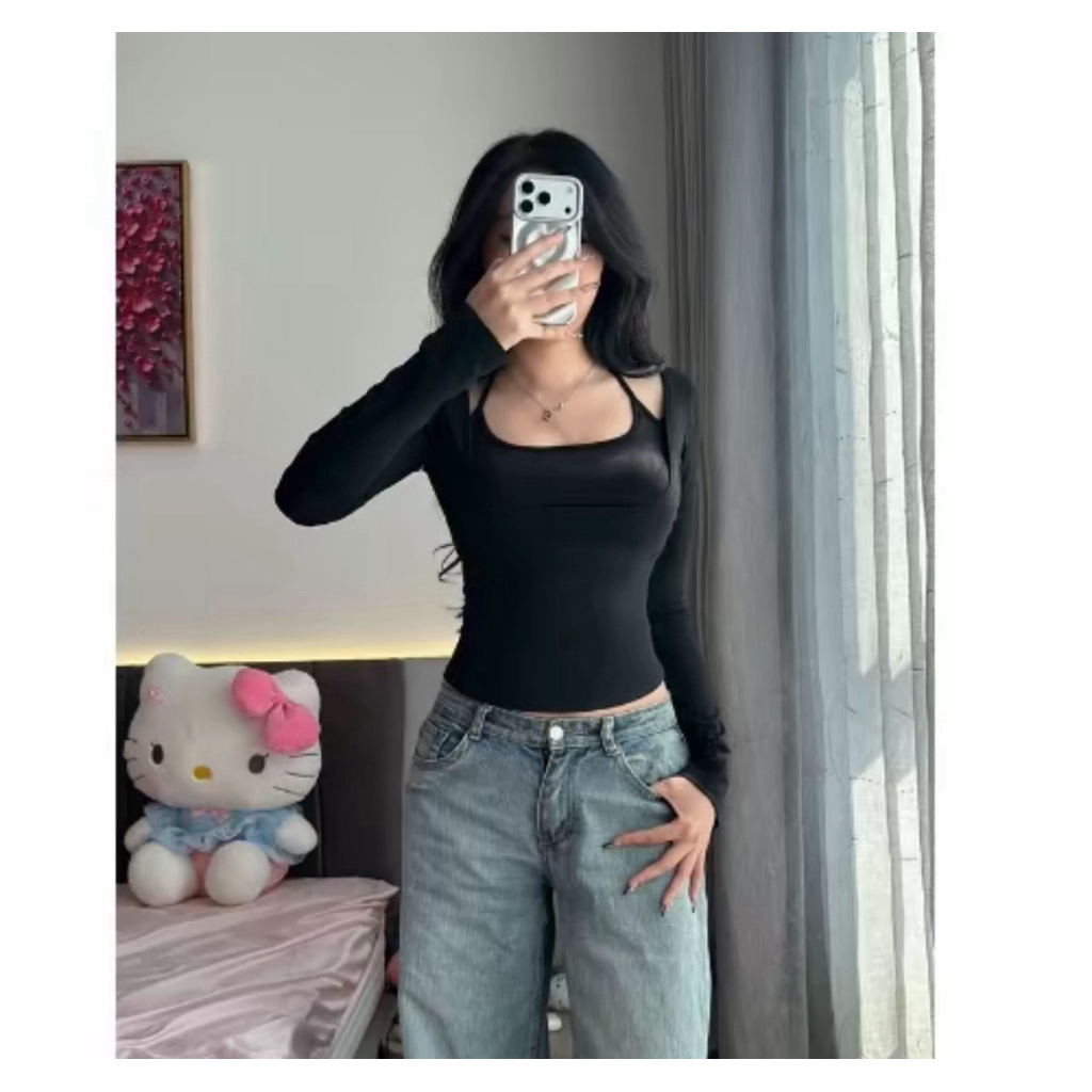 Áo thun nữ tay dài cổ vuông layer áo dây