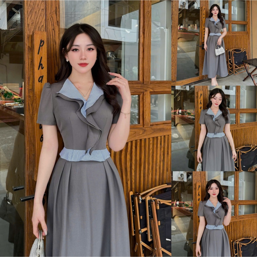 VK216 - Váy Thiết Kế Evii dành cho nữ, Đầm thiết kế cổ V cách điệu viền bèo phối kẻ, dáng A xòe dài