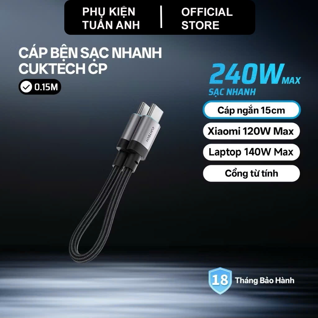 Cáp sạc CUKTECH ngắn 15Cm Type C-C 6A 240W bọc dù siêu bền sạc nhanh Laptop Mac IP 15 16 17PRM