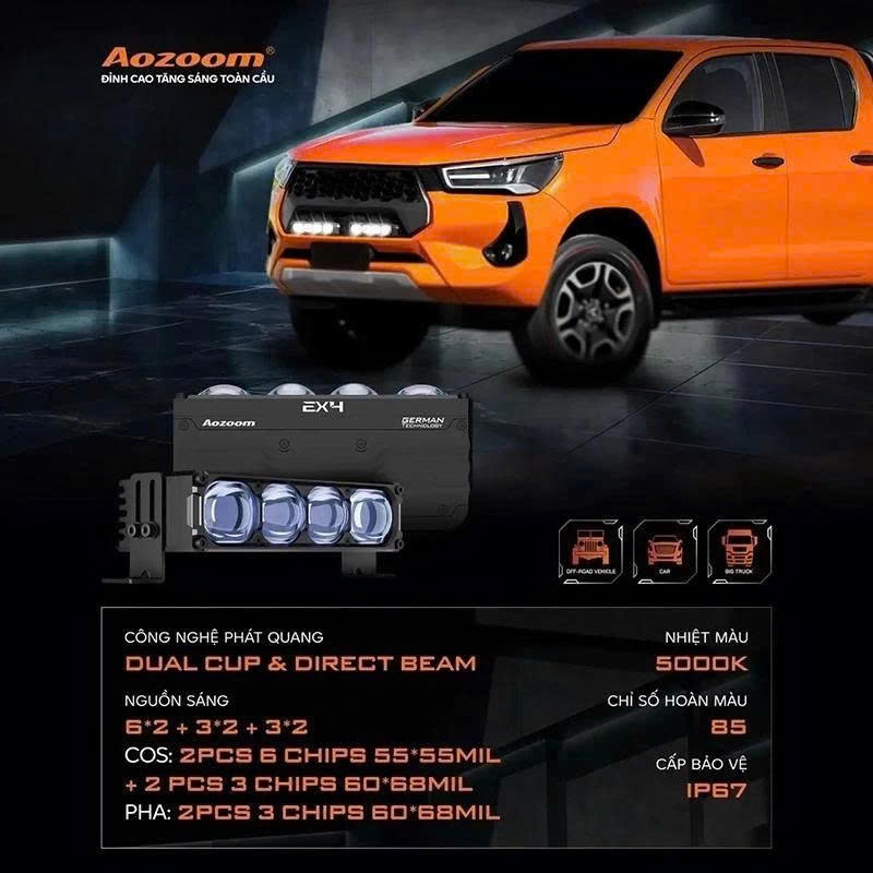 Aozoom Ex4, Đèn Trợ Sáng Aozoom EX4 Nhiệt Màu 5000K Công Suất 200w 1 cặp Chống Nước IP68 - BH 24T