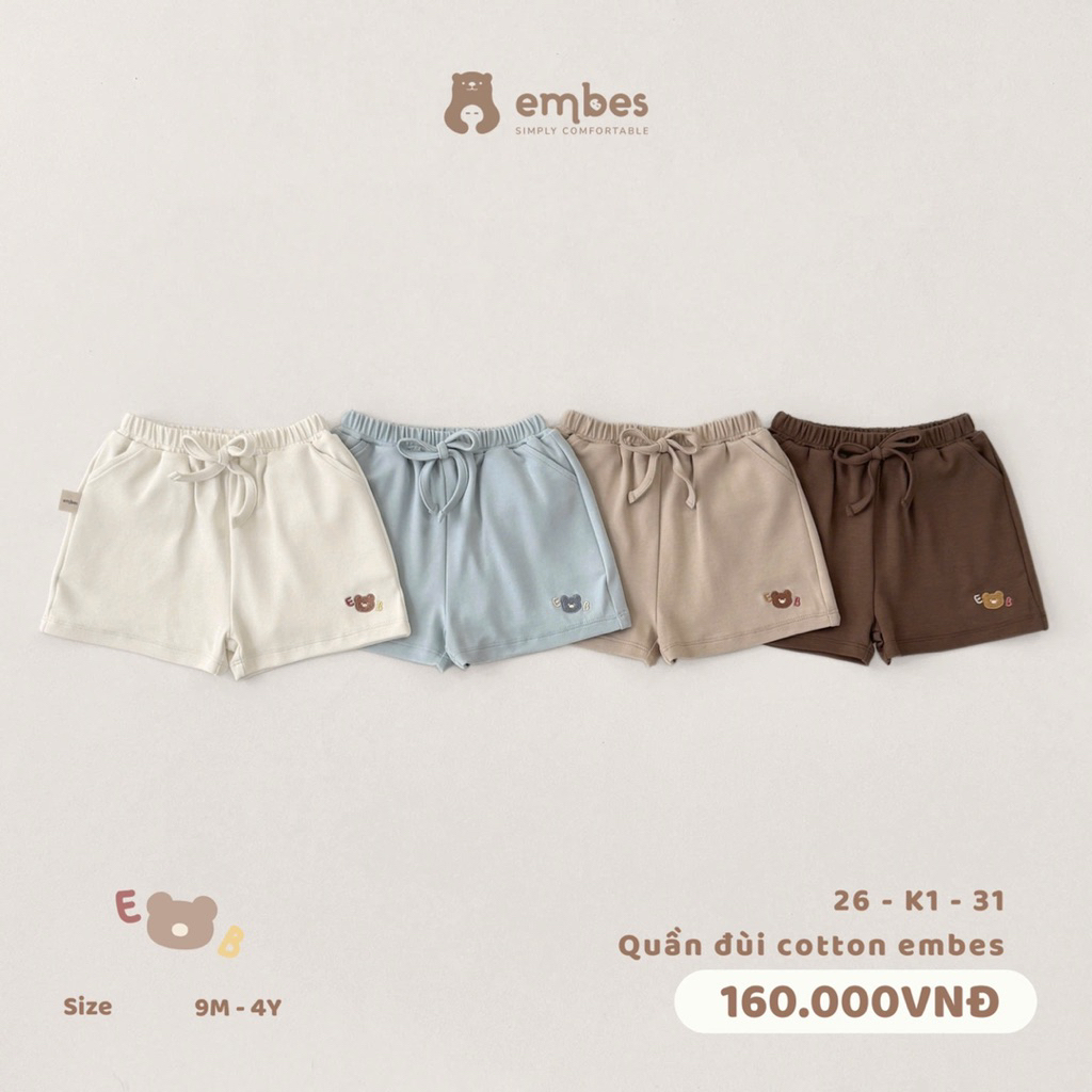 Quần đùi cotton thêu gấu Embes cho bé trai bé gái mặc hè. Quần đùi thoáng mát cho bé BEO.Kids