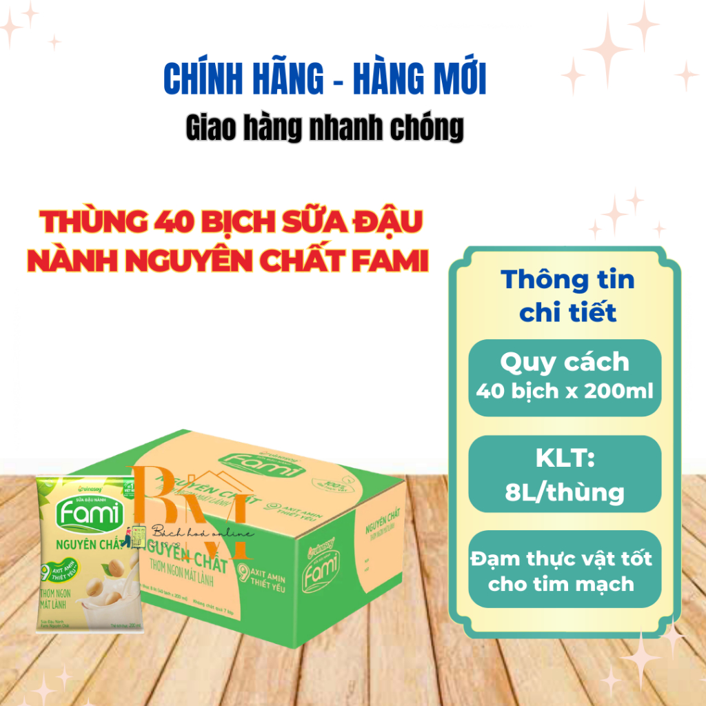 Thùng 40 Bịch Sữa Đậu Nành Nguyên Chất/ Canxi / Can xi Ít Đường Fami 200ml/Bịch