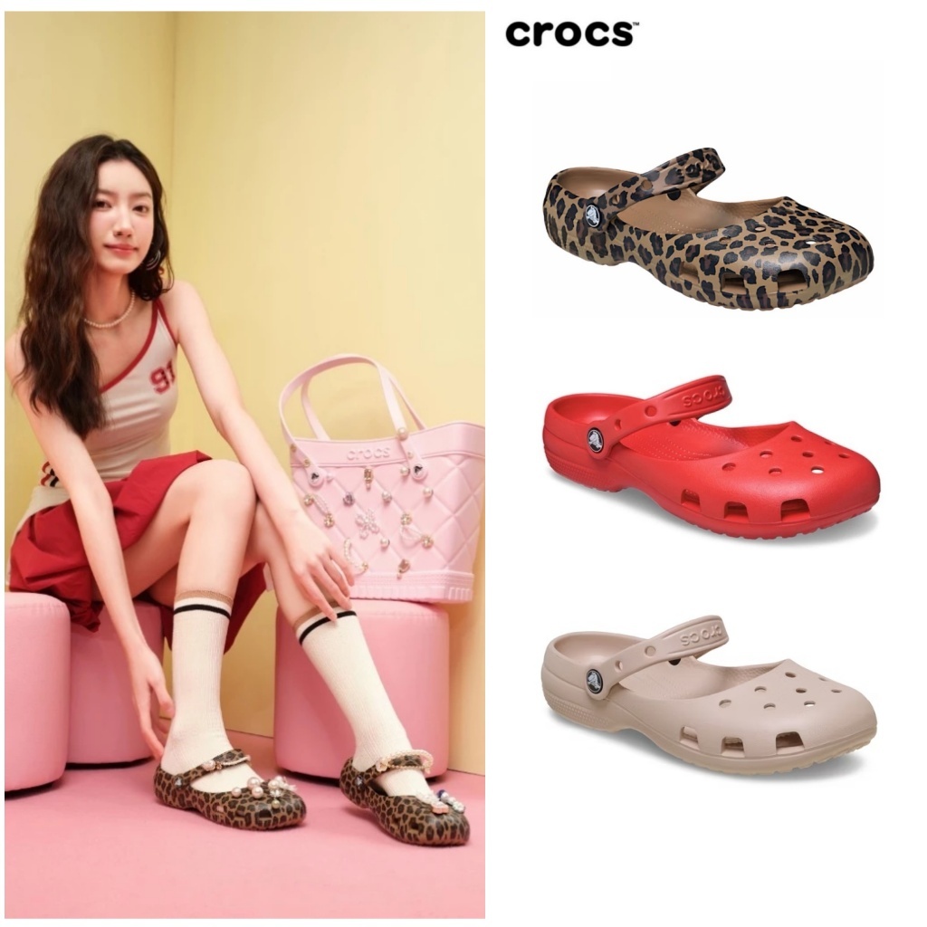 【Chính hãng】Giày dép cổ chân nữ Crocs Classic ballet shoes, giày ballet đế bằng gỗ kinh điển- Leopar
