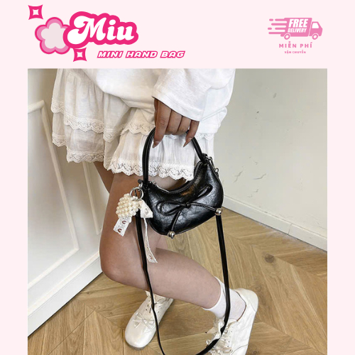 Túi xách mini cầm tay đeo chéo đính nơ tiểu thư xinh xắn