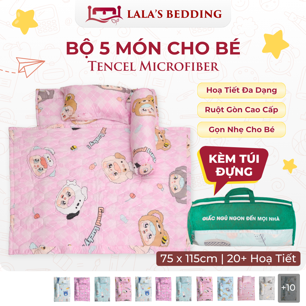 Bộ Chăn Nệm Cho Bé Đi Học Tencel Microfiber size 75x115cm LALA's BEDDING Nhỏ Gọn Gấp Gọn Tiện Lợi Kèm Túi Tiện Lợi