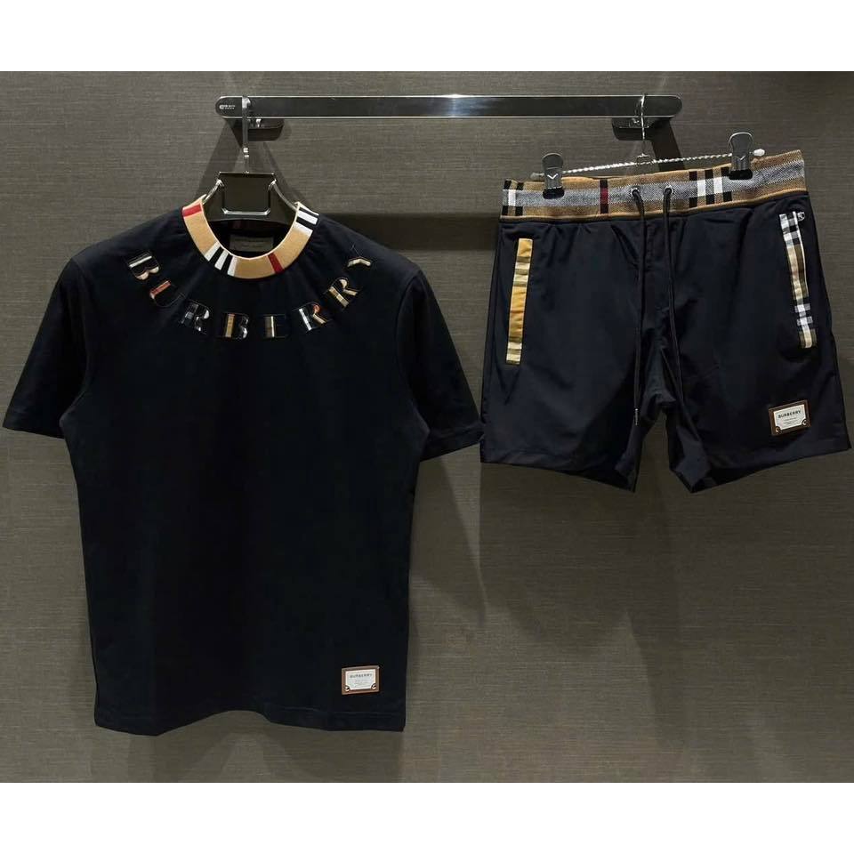 Bộ Đồ Nam B_bry Kẻ Cổ Chất Cotton Co giãn Phối Quần Cạp Chun Cao Cấp Logo sắt Hot Thoáng Mát Mặc Mùa Hè