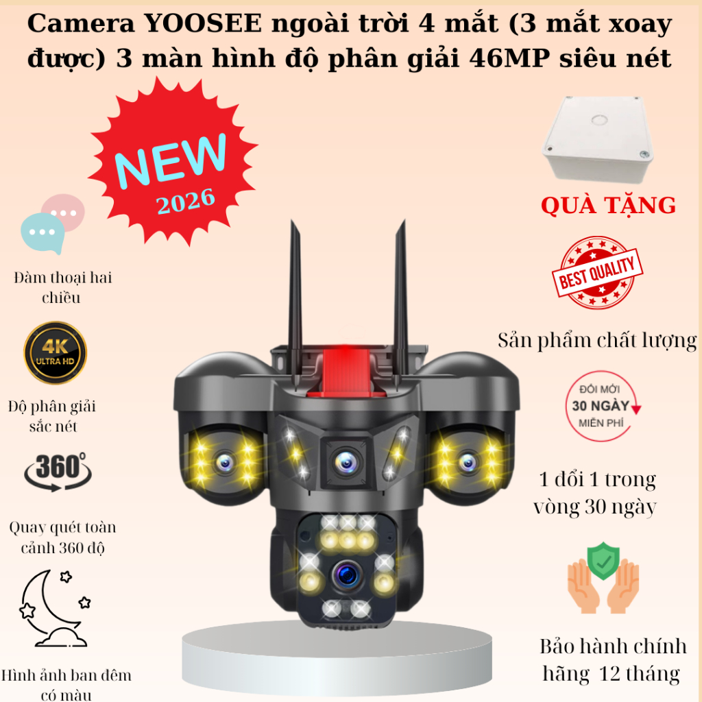 (Mẫu xu hướng 2026) Camera YOOSEE ngoài trời 4 mắt 3 màn hình độ phân giải 46MP siêu nét, giám sát ngoài trời chống nước
