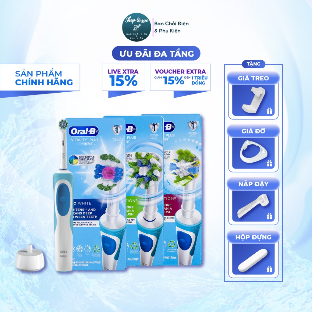 Bàn Chải Đánh Răng Điện Oral-B Vitality Plus Mẫu Mới - Hẹn Giờ 2-Phút, Pin 8 Ngày, Nhiều Loại Đầu Là
