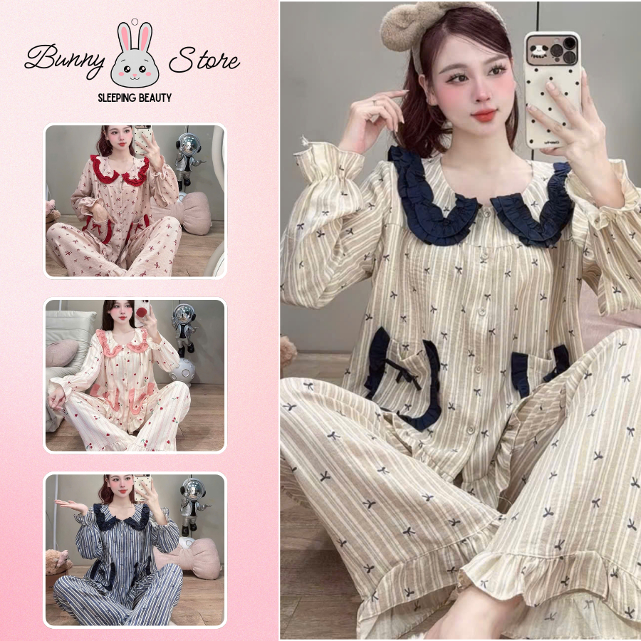 BUNNY Đồ Ngủ Nữ Pijama Chất Liệu Đũi Vân Mây Cổ Sen Viền Bèo Siêu Mềm Mịn DU44 Thoải Mái Cao Cấp Dành Cho Nữ