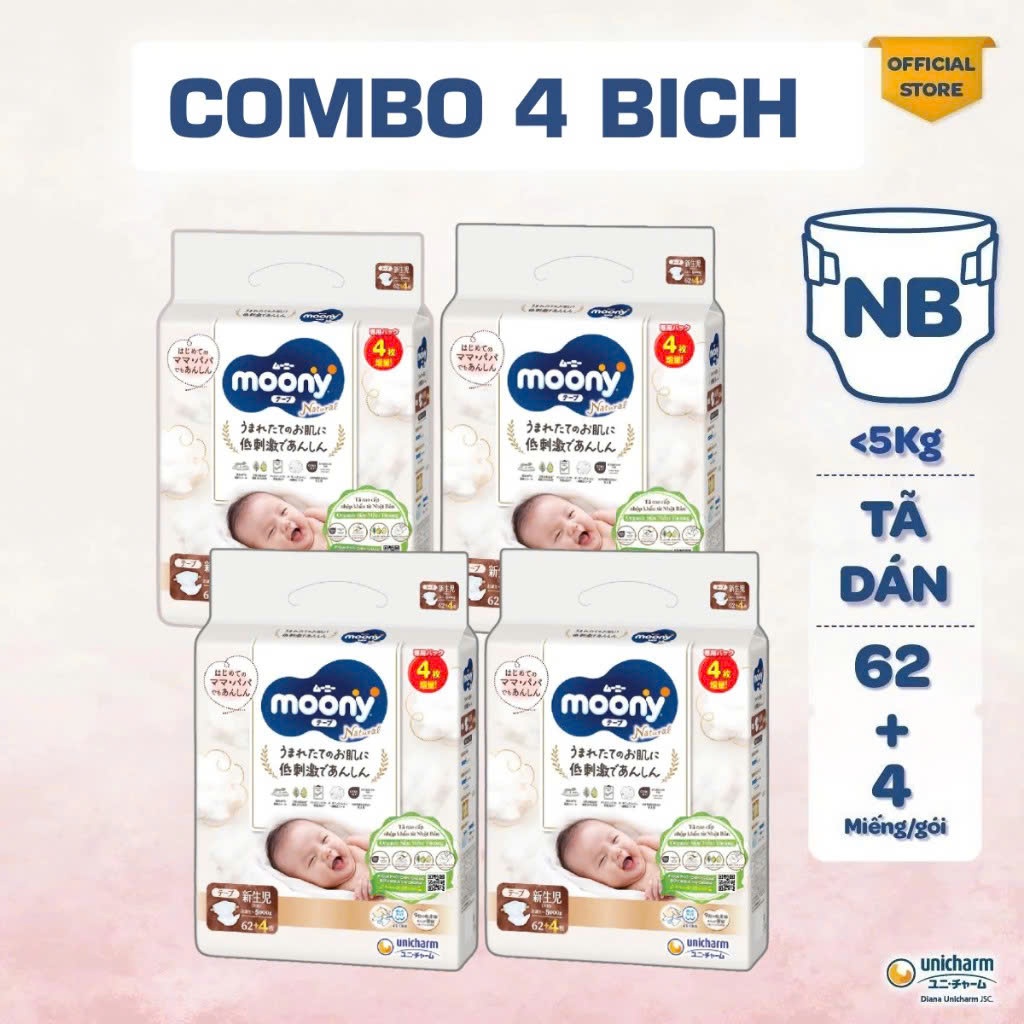 (COMBO 4 BỊCH) Bỉm dán/Bỉm quần Moony Dịu Nhẹ, Moony trắng, Moony Natural siêu cao cấp cho Bé.