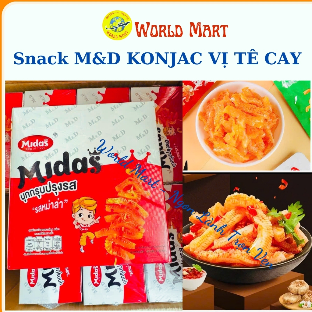 Combo 50 gói Snack M&D Konjac Tê Cay - Sụn Gà, Gân Gà, Mực Cay, Râu Mực, Khoai Nưa, Midas World Mart