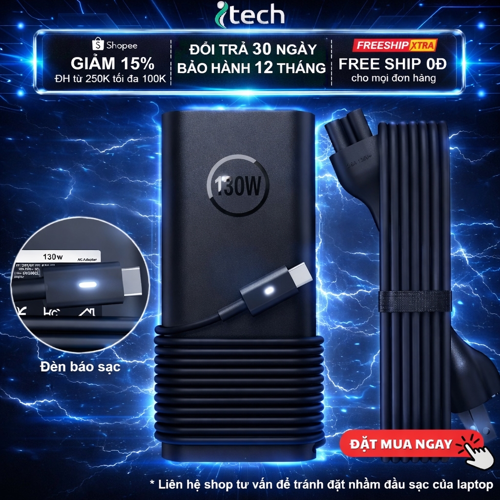 Sạc Dell Type C 65W 90W 130W dùng cho laptop Dell XPS 9315 9320 7390, Dell Latitude 5410 5420 5440 7
