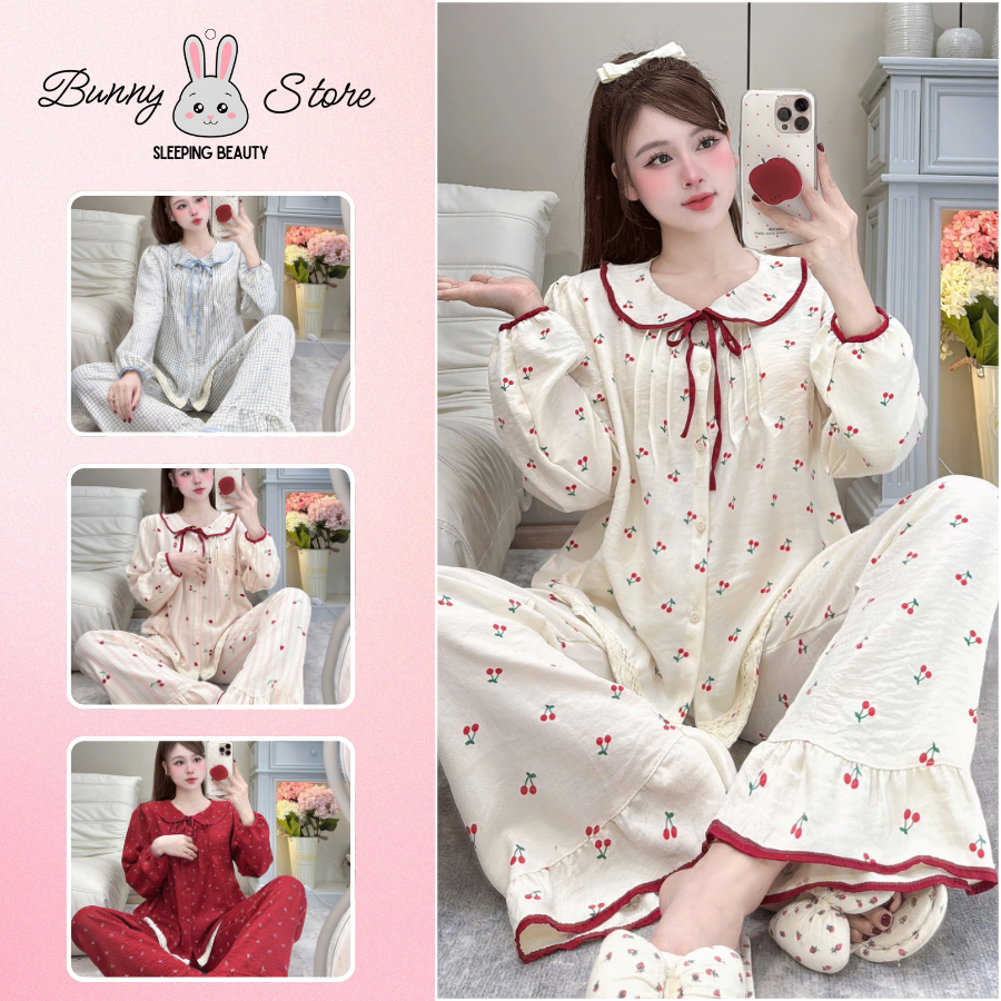 BUNNY Đồ Ngủ Nữ Pijama Cổ Sen Hoạ Dài Tay Chất Liệu Đũi Vân Mây Mềm Mịn Dễ Thương DU02 Cao Cấp Thoải Mái Dành Cho Nữ