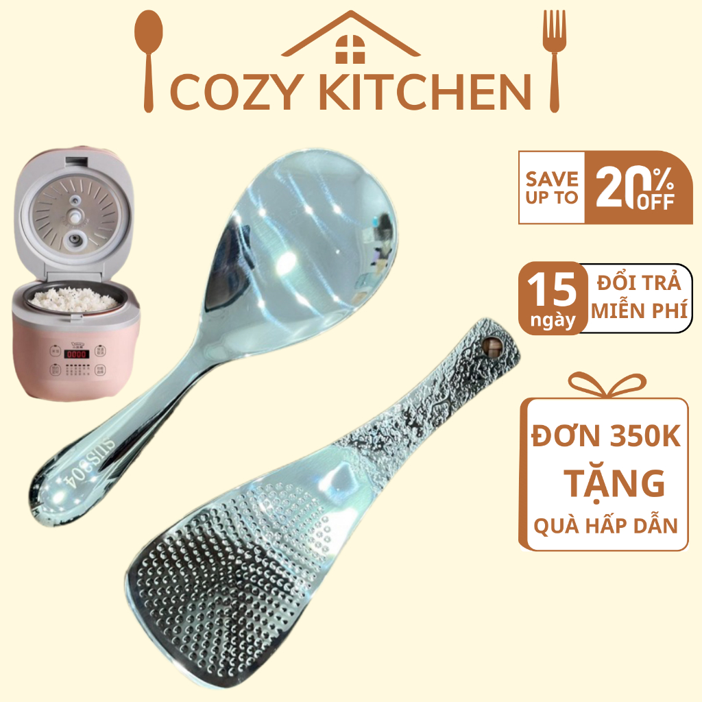 Thìa xới cơm chống dính inox nguyên khối, muôi xới cơm inox bền đẹp, an toàn cho sức khỏe