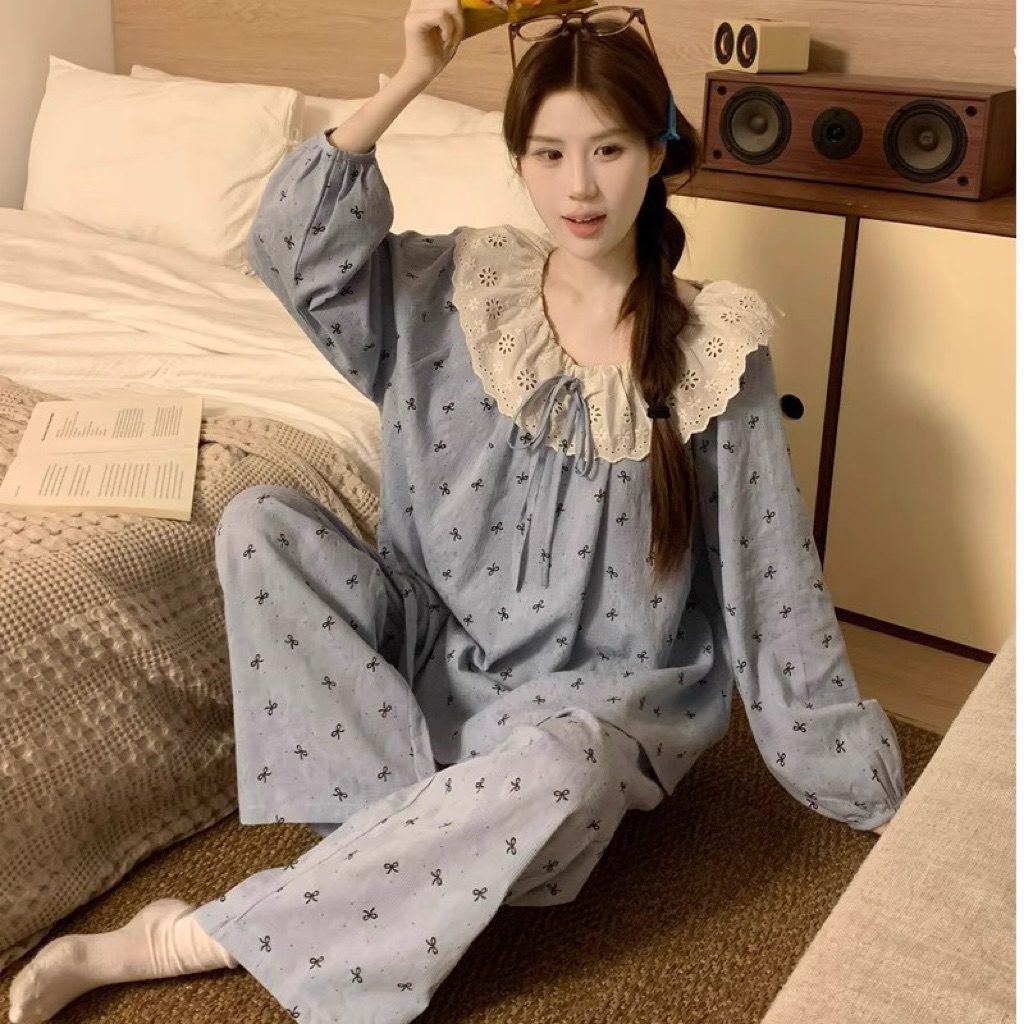 Set Bộ Đồ Ngủ Nữ Pyjama Dài Tay Cổ Bèo Tiểu Thư Chất Cotton Thoáng Mát – Đồ Ngủ Nữ Cute Nhiều Màu