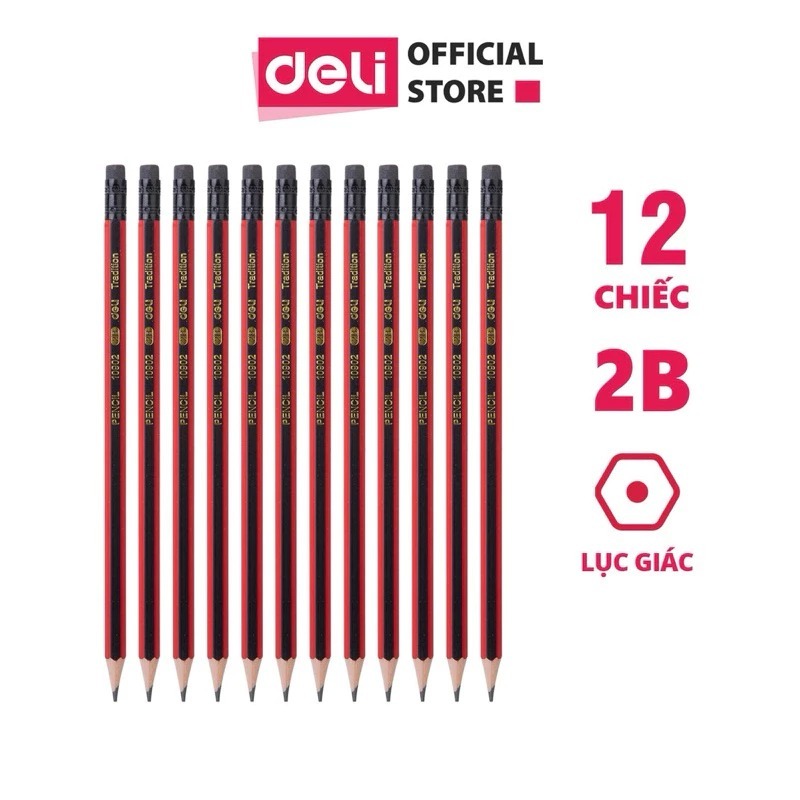 Hộp 12 chiếc Bút chì lục giác - đầu tẩy- 2B Deli CC098/ 10902- Thi trắc nghiệm- Tập viết