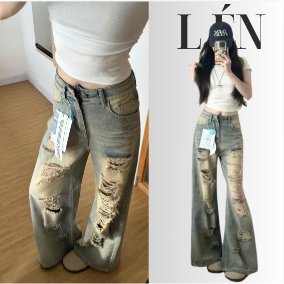 Quần Jean Ống Rộng Rách Gối Wash Loang Form Baggy Style Y2K – L.ÉN