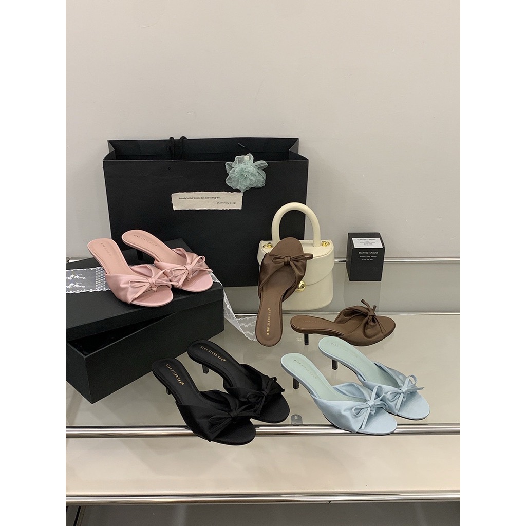 Dép Mũi Tròn Gót Mảnh Đính Nơ Xinh