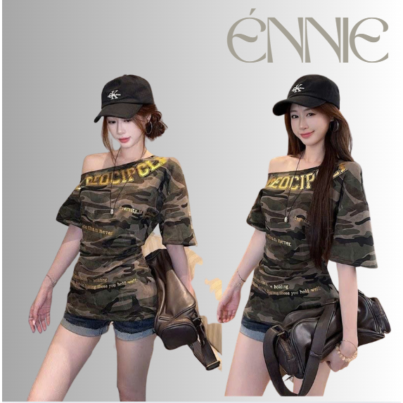 Áo Thun Camo Unisex Lệch Vai In Chữ Form Slim Trend 2026, áo camo họa tiết rằn ri cá tính – ÉNNIE