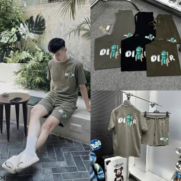 Bộ Cộc Nam màu Xanh Rêu Mùa Hè Chất Cotton Cao Cấp - Bộ Cộc Hè Nam Nữ Thêu Trước và sau Siêu Đẹp