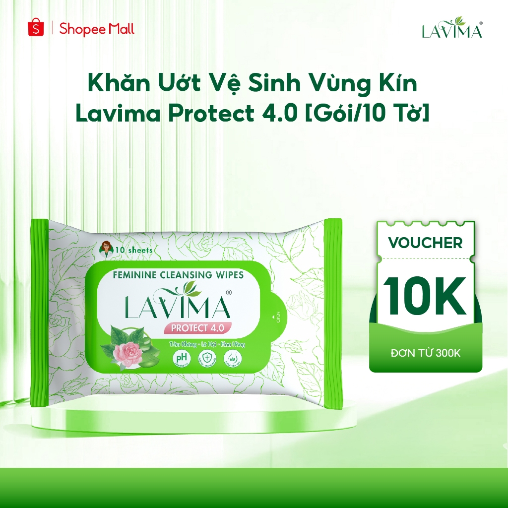 Khăn Ướt Vệ Sinh Vùng Kín Lavima Protect 4.0 Lành tính, Dịu Nhẹ, Kháng Khuẩn, Tiện Dụng, gói 10 Tờ