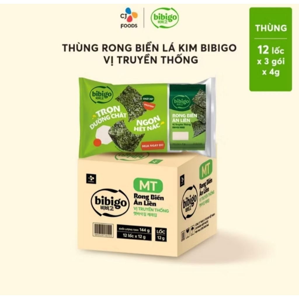 Thùng 36 gói rong biển ăn liền Hàn Quốc Bibigo (12 lốc = 36 gói)