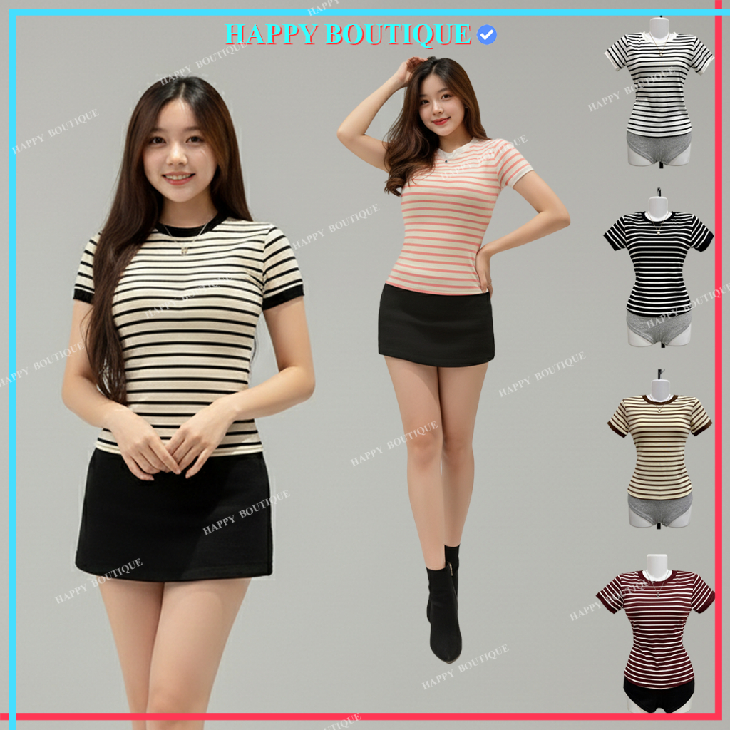 [MỞ BÁN] Áo Thun Sọc Viền Nữ Ôm Dáng Chiết Eo Basic Cotton Mềm Mịn HAPPY BOUTIQUE | BigBuy360 - bigbuy360.vn