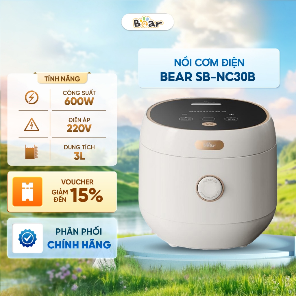Nồi cơm điện 3L Bear SB-NC30B - 6 chức năng nấu đa dạng, thông minh - BH 18 Tháng