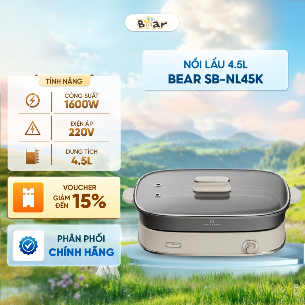 Bếp lẩu nướng Bear SB-NL45K - Nồi lẩu 1600W | Chảo nướng 1000W - 2 lòng nồi nấu - Núm công tắc điều 