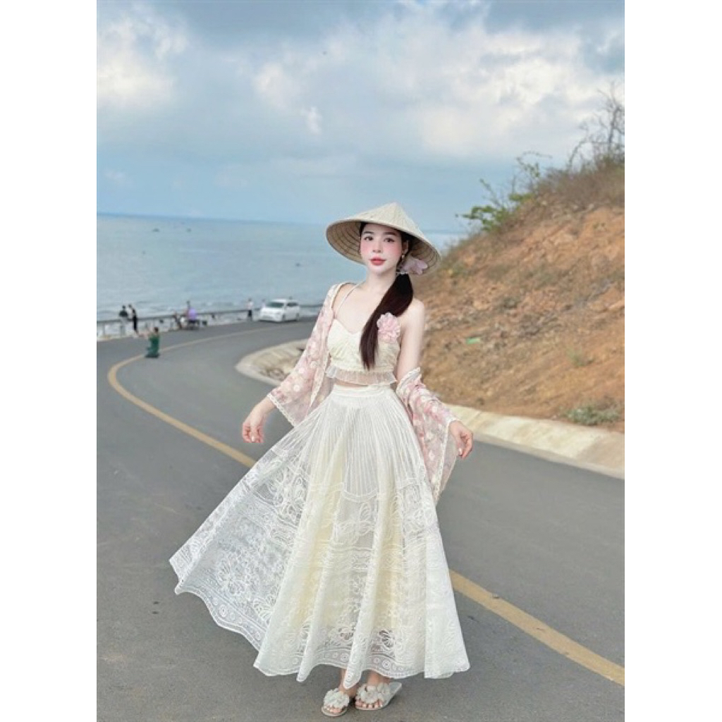 Hion Store - Set 3 món áo cúp yếm bèo + cv ren maxi kèm tag hoa + khoác