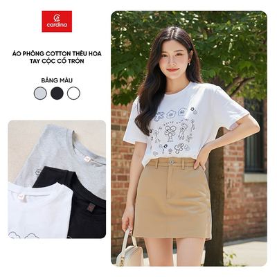 Áo phông nữ CARDINA chất cotton cộc tay cổ tròn thêu hoa 6ATC07