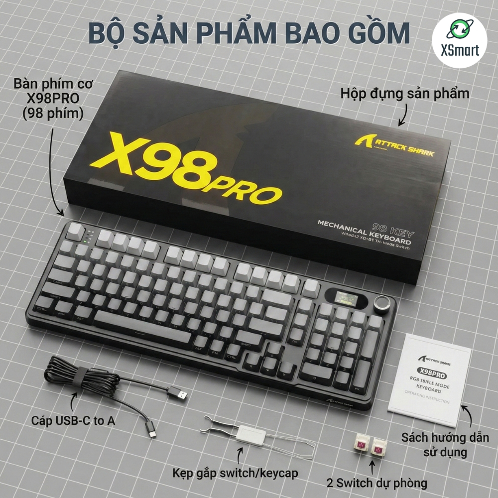 Bàn Phím Cơ Bluetooth Attack Shark X98 PRO MAX Có Màn Hình LED, 3 Mode Cho Máy Tính Laptop PC | BigBuy360 - bigbuy360.vn