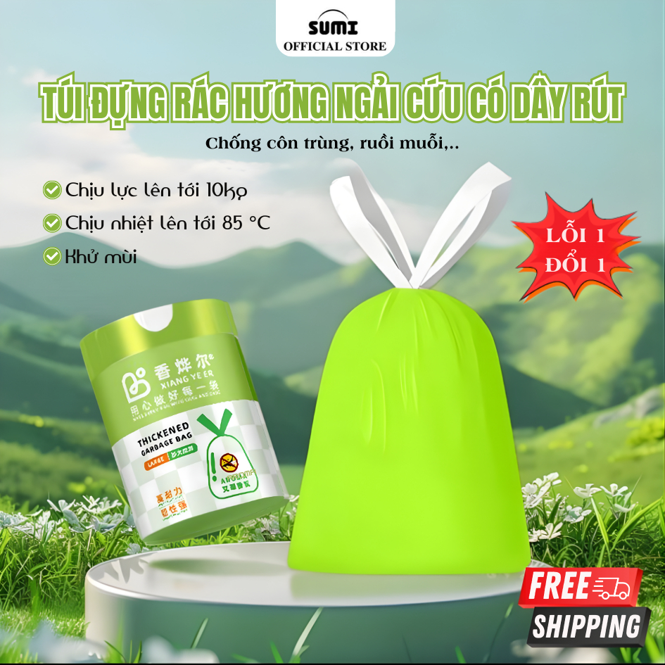 Túi Đựng Rác Ngải Cứu SUMI Cuộn 50 Túi Có Dây Rút Tiện Lợi Khử Mùi Ngăn Ngừa Vi Khuẩn