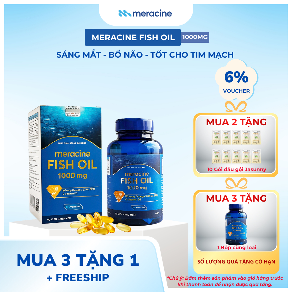 Viên uống dầu cá Omega 3 - Meracine Fish Oil hỗ trợ sáng mắt, bổ não, tốt cho tim mạch (hộp 90 viên)