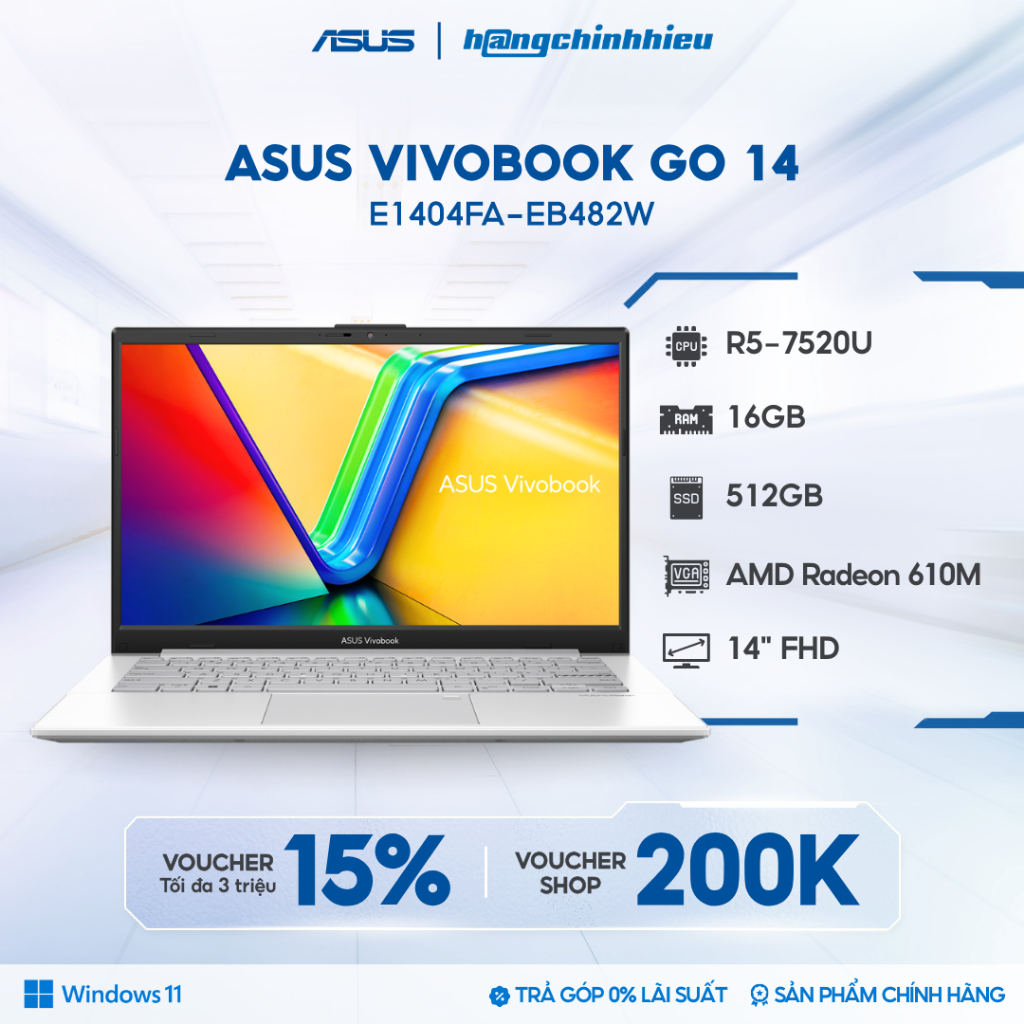 Laptop ASUS VivoBook Go 14 E1404FA-EB482W R5-7520U | 16GB | 512GB | 14' FHD | Win 11