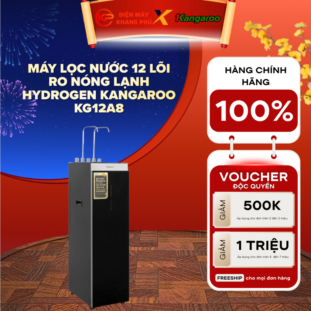 Máy lọc nước 12 lõi RO nóng lạnh Hydrogen Kangaroo KG12A8