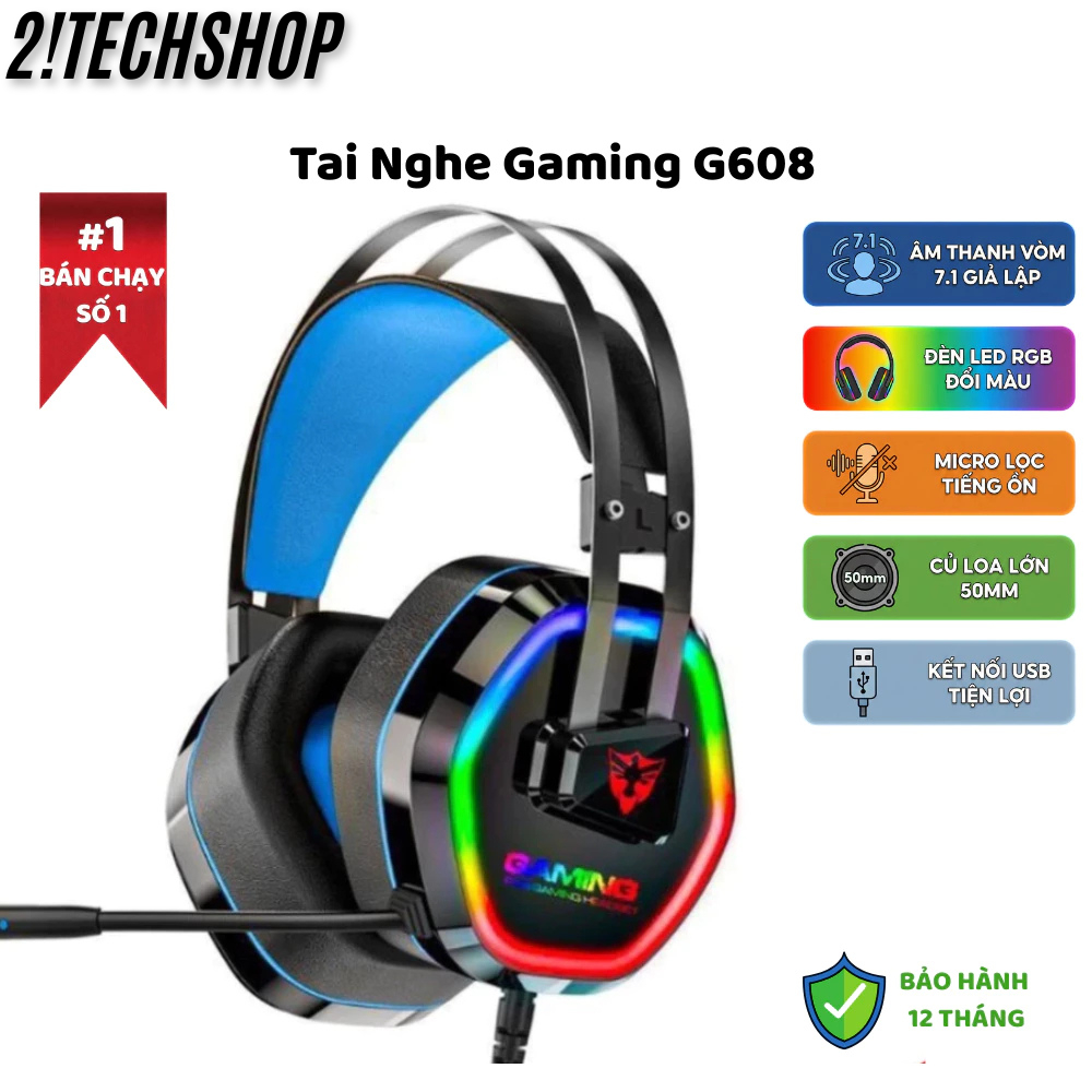 Tai Nghe Chụp Tai Có Dây Gaming G608 - Có Mic, Công Nghệ Lọc Âm Giảm Tiếng Ồn Làm Nhiễu, Laptop/PC.
