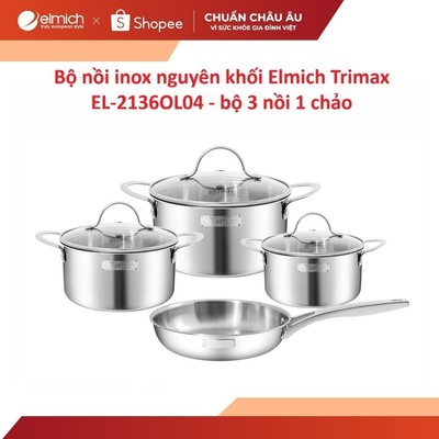 Bộ nồi inox nguyên khối Elmich Trimax EL-2136OL04 Size 16, 20, 24 chảo 24cm