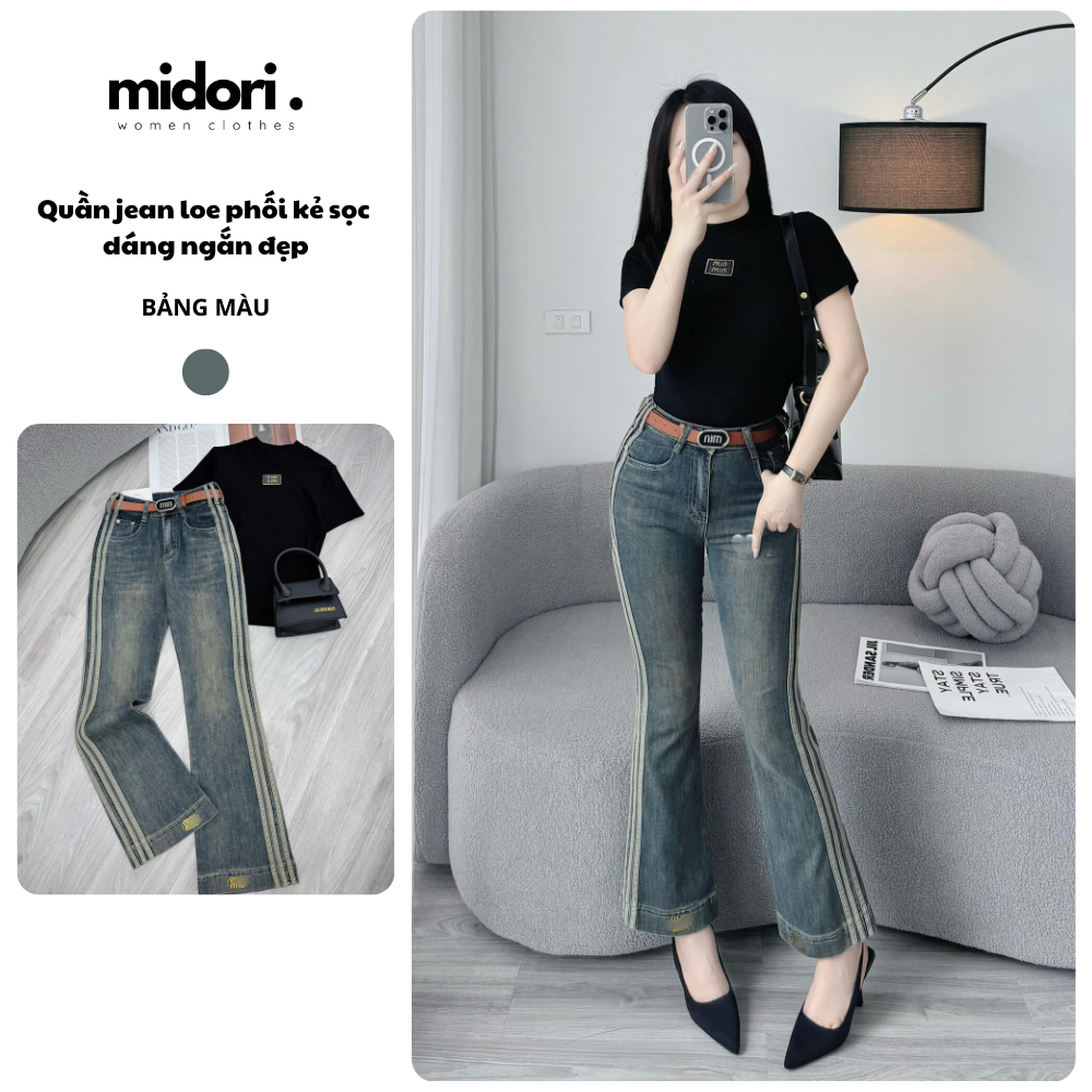 Quần Jean Nữ Ống Loe Dài 90cm Cạp Cao, Quần Bò Jean Loe Hach Dáng Phỗi Sọc Midori Shop SS15