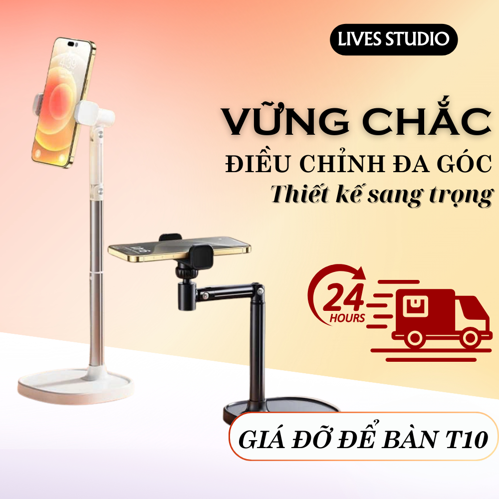 Giá đỡ điện thoại T10, kẹp điện thoại livestream quay video review sản phẩm xem phim, tùy chỉnh độ c