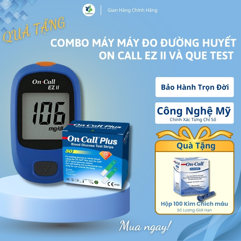 ComBo Máy Đo Đường Huyết On Call EZ II Và Que Test, Máy Test Tiểu Đường Tại Nhà Chính Hẵng, Bảo Hành Trọn Đời