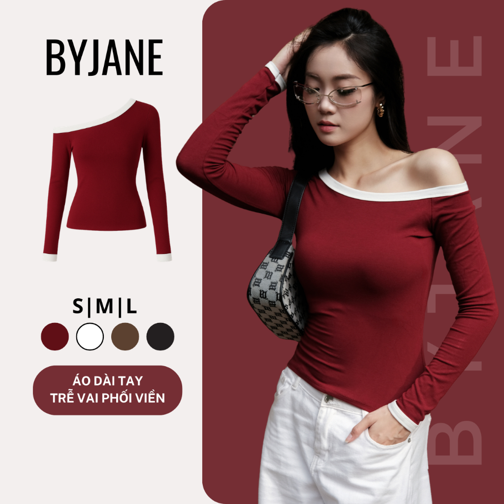(XẢ KHO) Áo Thun Trễ Vai Tay Dài Phối Viền siêu co dãn mềm mịn chất cotton lông mịn - BYJANE - 841 | BigBuy360 - bigbuy360.vn