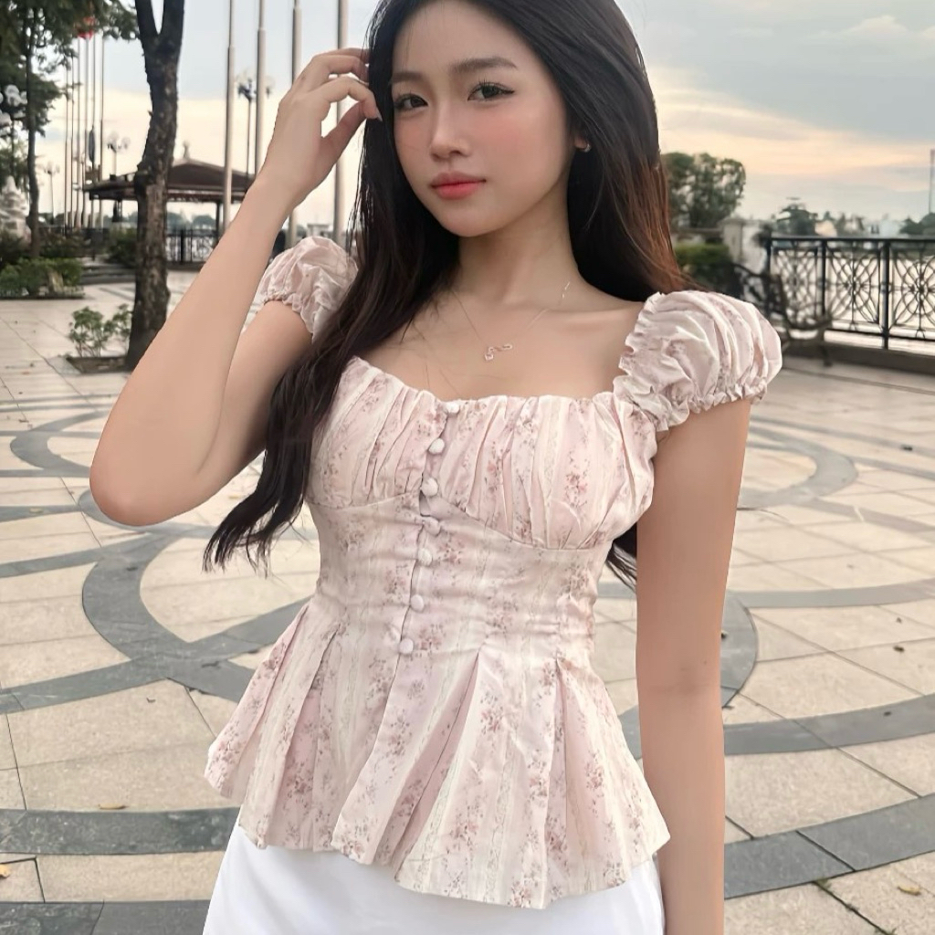 (Sẵn Mút) Áo Hoa Babydoll Nữ Nút Bọc Tay Bồng Dáng Xoè Chiết Eo Lưng Bo Chun | BigBuy360 - bigbuy360.vn