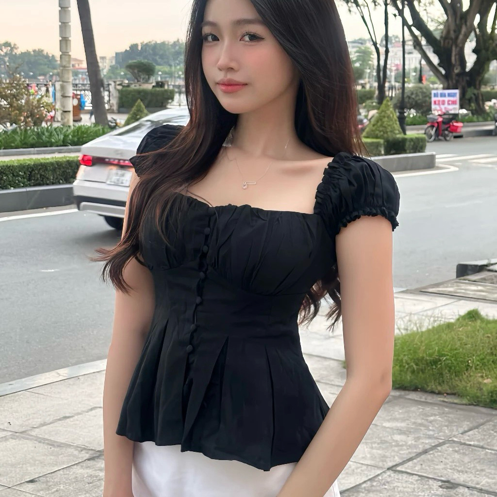 (Sẵn Mút) Áo Hoa Babydoll Nữ Nút Bọc Tay Bồng Dáng Xoè Chiết Eo Lưng Bo Chun | BigBuy360 - bigbuy360.vn