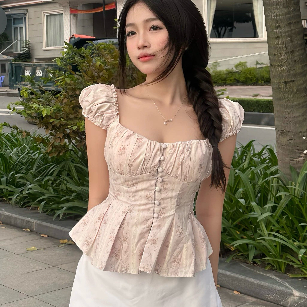 (Sẵn Mút) Áo Hoa Babydoll Nữ Nút Bọc Tay Bồng Dáng Xoè Chiết Eo Lưng Bo Chun | BigBuy360 - bigbuy360.vn
