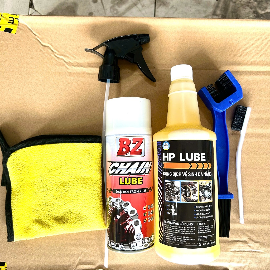 COMBO Dưỡng Sên BZ + Chai Tẩy Rửa Nhông Sên Dĩa Kết Hợp Rửa Xe HP Lube Super Clean 850ml Kèm Bàn Chả