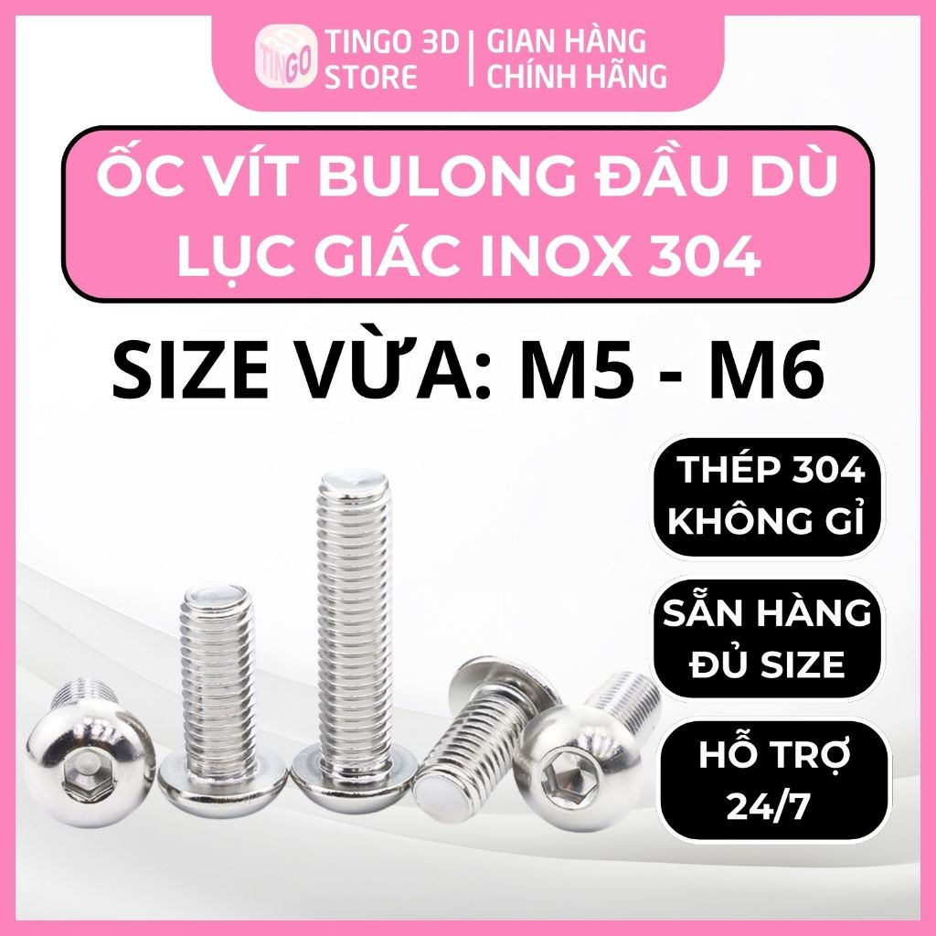 Set 5-10 Bulong lục giác Đầu Dù Inox 304 Size Vừa M5, M6, Ôc vít Đầu Dù không gỉ (dài 6 - 80mm)